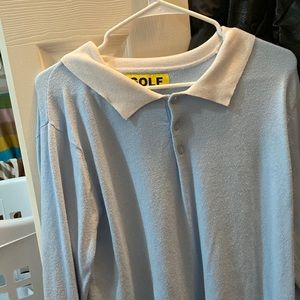 GOLF WANG white collar, baby blue cotton button-up dress shirt